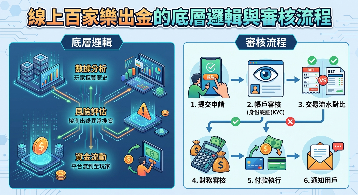 這張圖解詳細展示了線上百家樂提款的後台運作機制，左側以數據圖表呈現風險評估與資金流動等「底層邏輯」。 右側則以清晰的流程圖標示出從提交申請、身份驗證到財務執行的六大「審核流程」，幫助使用者直觀理解提款程序的各個環節。