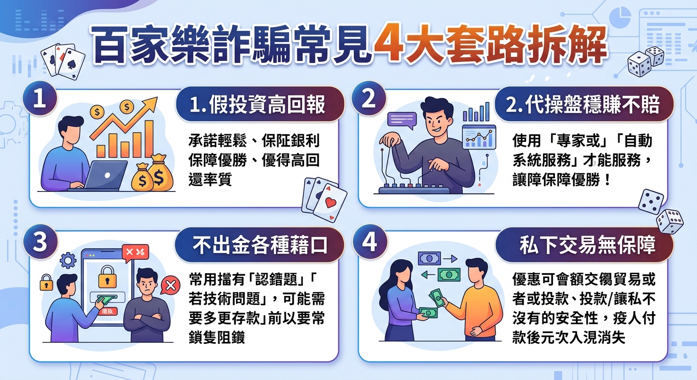 這張資訊圖表以四個區塊拆解常見的百家樂詐騙套路，包含高回報誘惑、專業代操、拒絕出金及私下交易風險。畫面搭配簡潔的插圖與警告圖示，清晰傳達防範網路博弈與投資詐騙的核心警訊。