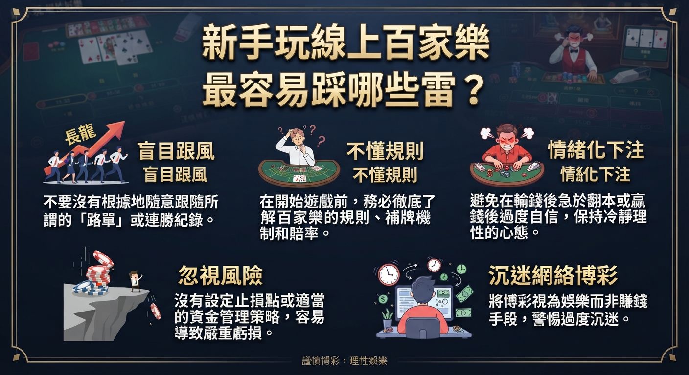 這是一張關於新手玩線上百家樂常見誤區的資訊圖表。 圖片主標題為「新手玩線上百家樂最容易踩哪些雷?」,並列出了盲目跟風、不懂規則等常見問題與建議。