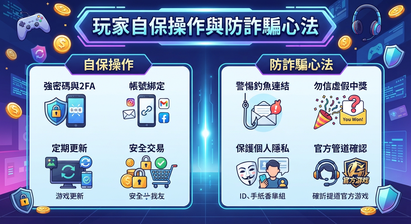這張圖片展示了關於「玩家自保操作與防詐騙心法」的主題,畫面分為兩個主要區塊,分別列出帳號安全保護措施與防範詐騙的實用建議。整體設計採用科技感與遊戲風格,並配有圖示輔助說明。